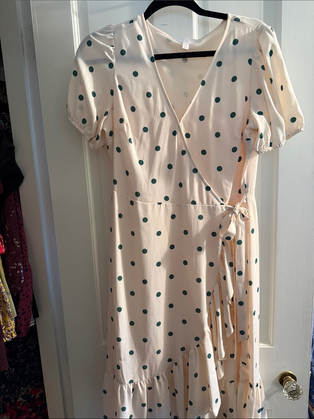 LC Lauren Conrad Cream Midi Wrap Dress with Green Polka Dots